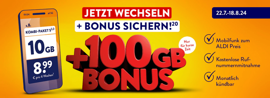 ALDI TALK: 100 GB Datenvolumen Aktion für Neukunden - bis 18.8.24