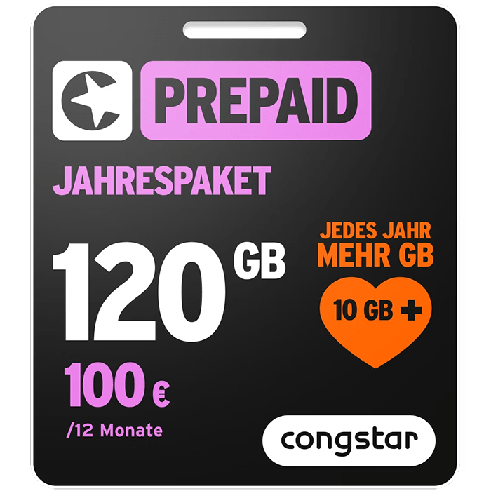 congstar Prepaid Jahrespaket: Neu mit 120 GB + Allnet-Flat inkl. 5G-Netz für 100 €